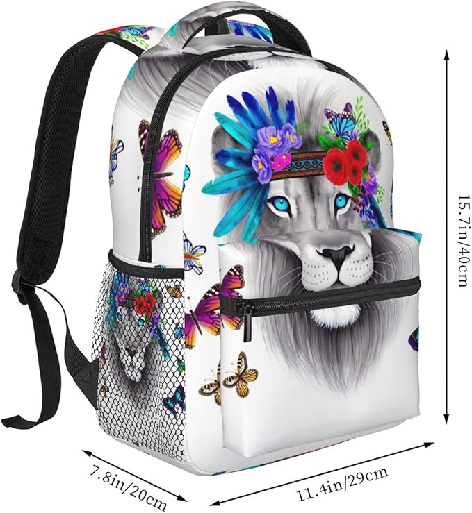 Daypack Backpack Multipurpose Anti-Theft Large Capacity Bookbag, Lion Flowers Floral Butterflies Art Travel Hiking Camping Rucksack With Adjustable Shoulder Straps