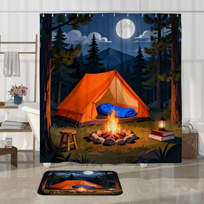 Tent Shower Curtain Sets, Outdoor Adventure Campfire Moon Summer Orange Washable with Hooks Bathroom Cloth Shower Curtain and Rug Set for Bathtub Toile Guest Room Decor 72x72 Inch