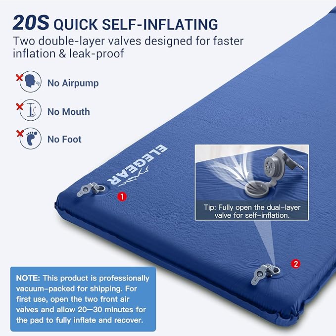 Elegear CumbreX™ Self Inflating Sleeping Pad, 3.15" Ultra-Thick Memory Foam Camping Pad with Pillow Fast Inflating in 20s Insulated Camping Mattress Pad 4-Season Camp Sleeping Mat for Camp/Travel/Tent