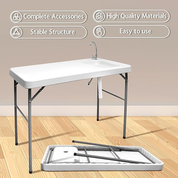 Fish Cleaning Table with Sink and Faucet, Folding Camping Sink Table for Dock Beach Patio Picnic