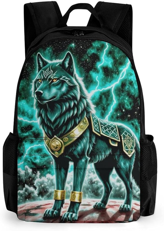 Polyester Daypack Backpack for Climbing Outdoors Running, Big Capacity Multipurpose Anti-Theft Bookbag, Mountain And Northern Light Wolves Psychedelic Travel Hiking Camping Rucksack