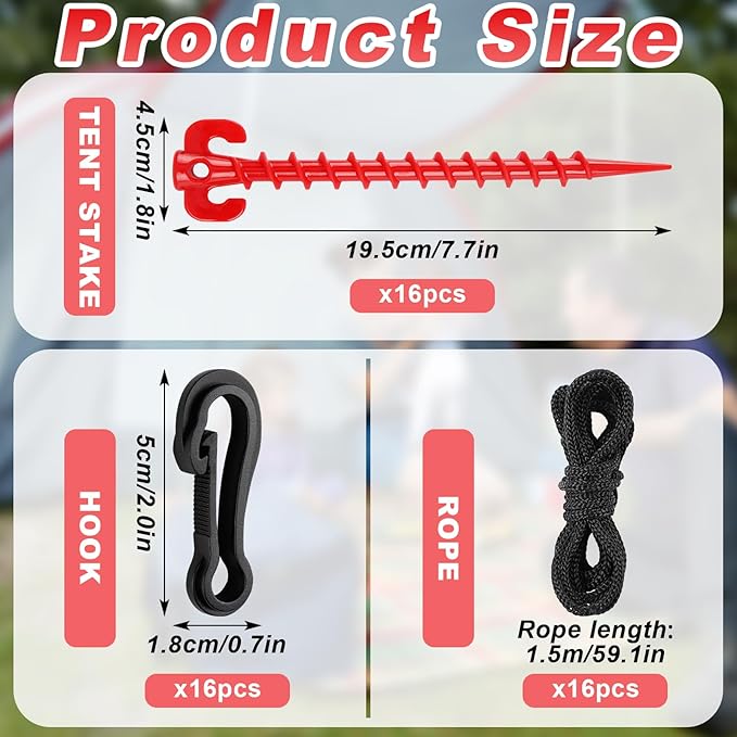 48 Pieces Plastic Inflatable Stakes Set Plastic Tent Stakes with Hooks & Ropes Camping Stakes Duty Tent Pegs for Halloween Christmas Yard Inflatables Sturdy Tent Canopy Stake (red)