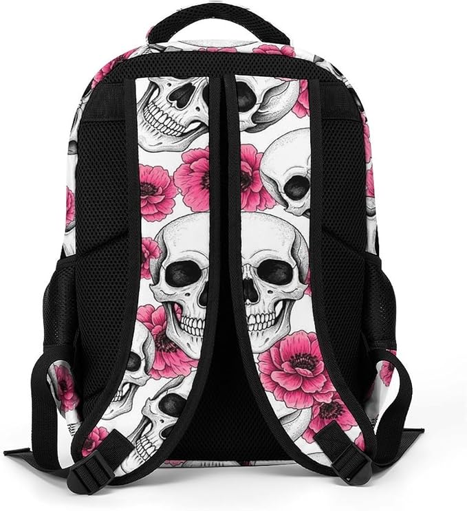 Lightweight Travel Daypack Pink Flowers Sugar Skulls, Cute Laptop Backpack with Tumbler Holder for Women Nurse Teacher Work Hiking