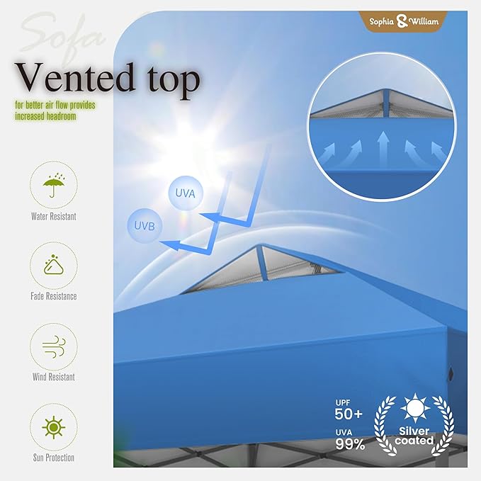 Sophia & William Canopy Tent Pop Up 10x10 ft One Person Push Set Up Tent, Outdoor Canopies Shelter Heavy Duty Straight Legs with 4 Sandbags & Guy Ropes, 1 Roller Bag & Storage Bag, 8 Stakes UPF50+