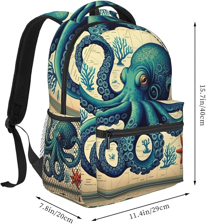Polyester Daypack Backpack for Trekking Picnic Walking Cycling, Large Capacity Anti-Theft Multipurpose Shoulder Bag, Retro Octopus Art Casual Daypack