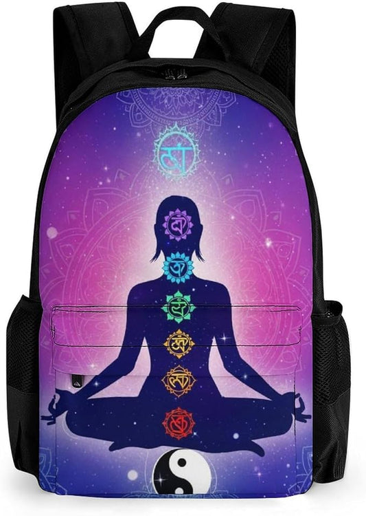 Men Women Polyester Chakra Yoga Meditation Lotus Blue Mandala Daypack Big Capacity Shoulder Bag With Smooth Zippers for Hiking Work Walking Cycling