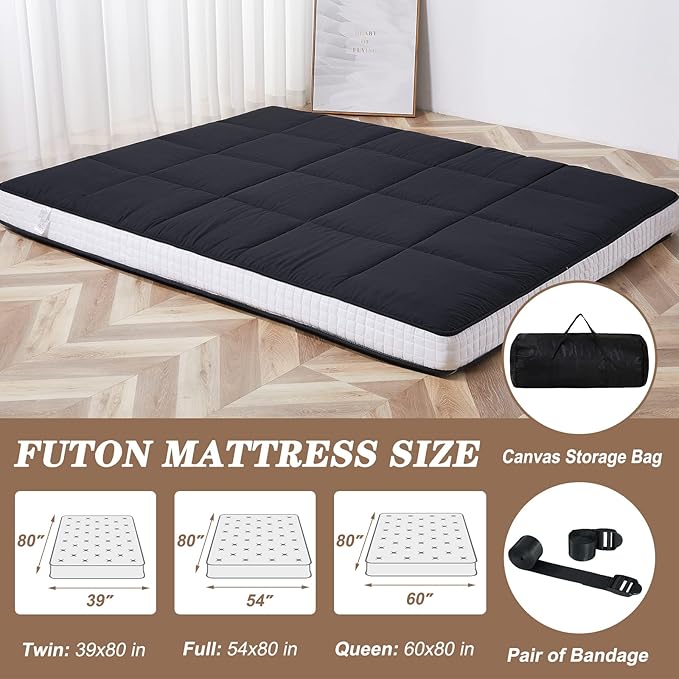 DoCred Queen Size Futon Mattress, Extra Thick Foldable Japanese Floor Mattress Memory Foam Sleeping Pad for Adults, Roll Up Mattress Tatami Mat Breathable Floor Lounger Guest Bed