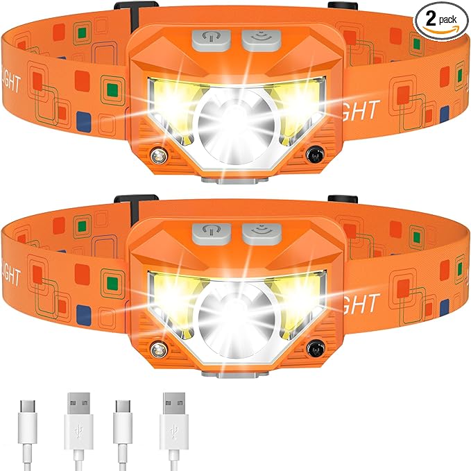 LHKNL Headlamp Flashlight, Lumen Ultra-Light Bright LED Rechargeable Headlight with White Red Light,2-Pack Waterproof Motion Sensor Head Lamp,8 Mode for Outdoor Camping Running Fishing- Orange