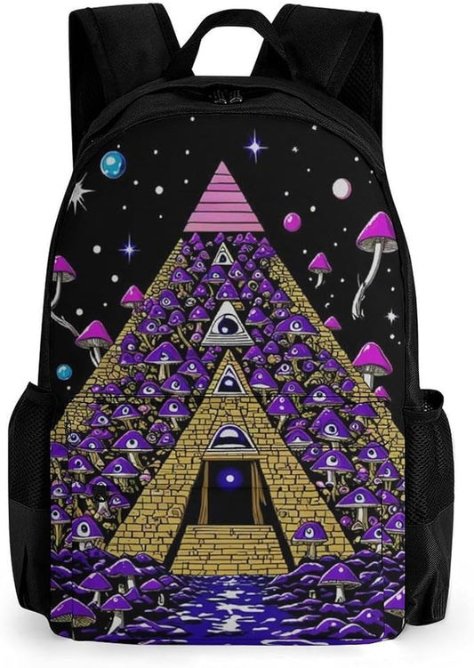 Men Women Polyester Trippy Magic Pyramid Mushrooms Universe Art Casual Daypack Large Capacity Carry On Bag With Adjustable Shoulder Straps for Camping Work Running