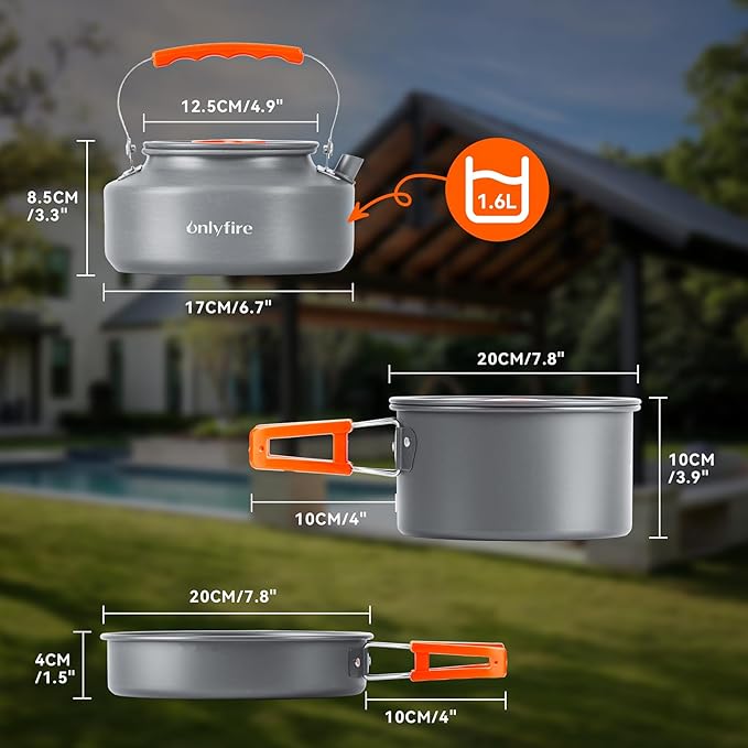 Onlyfire 14pcs Camping Cookware Mess Kit, Non-Stick Lightweight Pot Pan Kettle Set with Plates Forks Knives Spoons for Camping, Backpacking, Outdoor Cooking and Picnic CT604