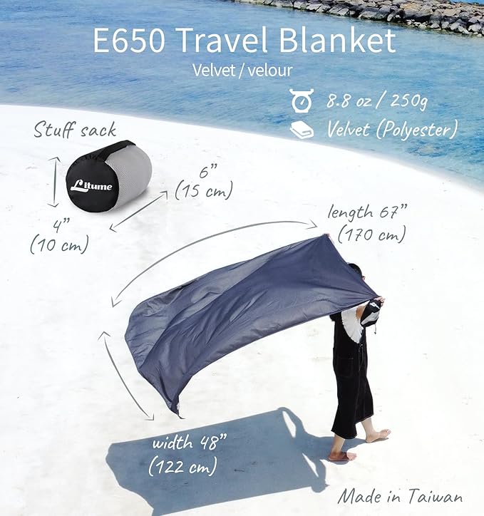 Litume Travel Blanket Lightweight and Breathable, 67 x 48 in Soft Airplane Flight Blanket for Travelers, Foldable Camping Sheet with Stuff Sack for Train, Camp, backpacking, office, home (Velvet E650)
