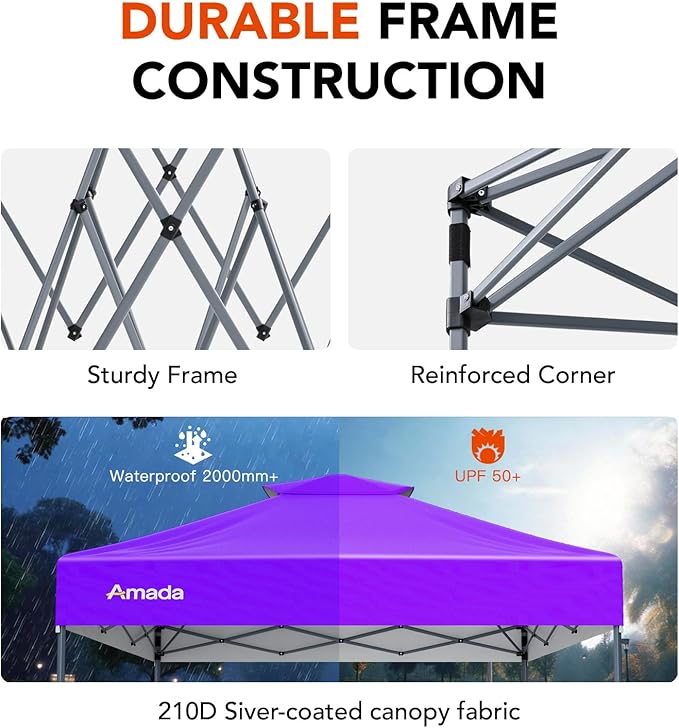 Amada 10x10 Pop Up Canopy - Center Lock One Push Instant Setup Gazebo Outdoor Canopy Beach Tent with STO-N-Go Bag 8 Stakes & 4 Sand Bags, 3-Height Adjustable Shade Shelter (10x10ft, Purple)