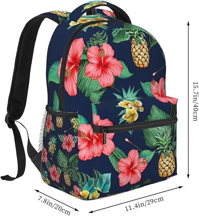 Daypack Polyester Anti-Theft Multipurpose Hawaiian Flower Party Pineapple Art Bookbag Big Capacity Gym Outdoor Hiking Backpack With Adjustable Shoulder Straps