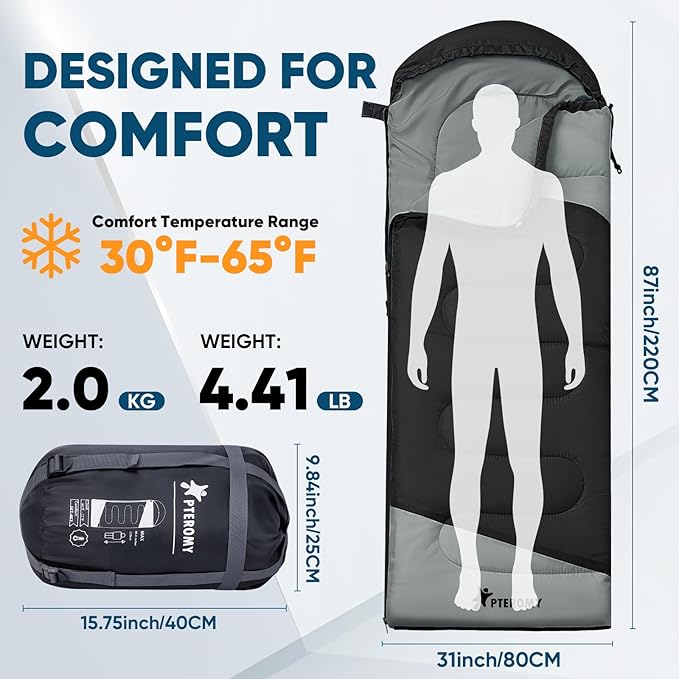 PTEROMY Sleeping Bags for Adults, Lightweight and Machine Washable, Water Resistant Backpacking Camping Sleeping Bag for Warm Cold Weather, Camping Essentials for Hiking Travel