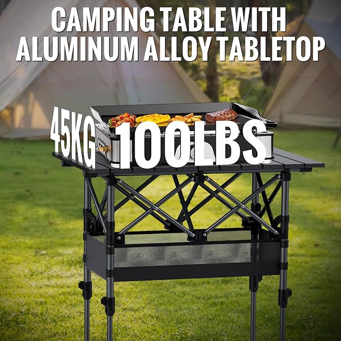 GARLLEN Folding Camping Table, Portable Roll-up Picnic Table with 2 Adjustable Height, Lightweight Aluminum Outdoor Table with Storage Net and Carrying Bag for Camping, Picnic, BBQ