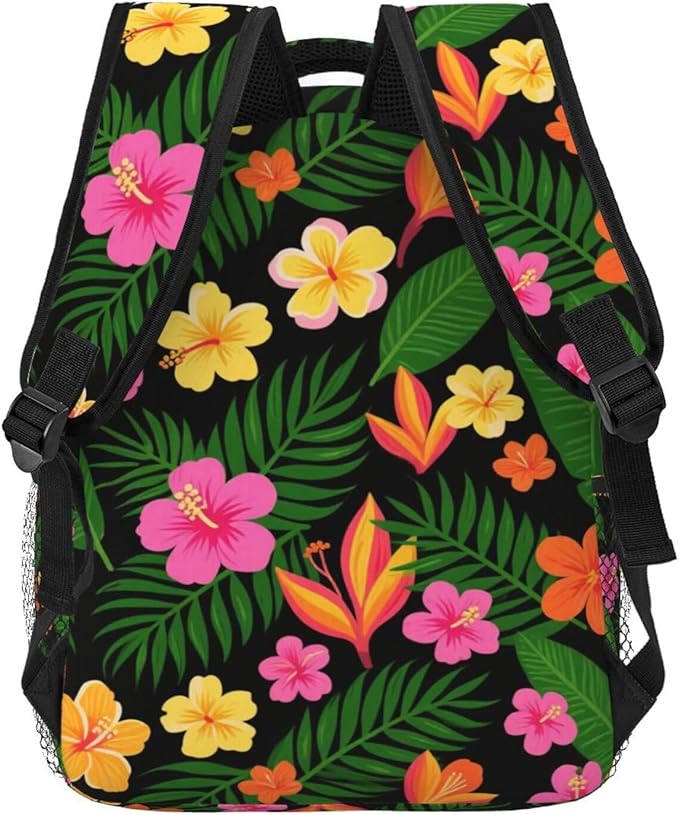 Women Men Polyester Hawaiian Colorful Flower Casual Daypack Large Capacity Bookbag With Side Pockets for Sports Picnic Walking Cycling