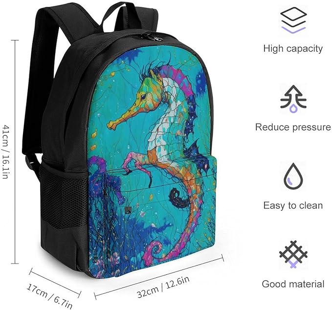 Supdreamc Rucksack Anti-Theft Multipurpose Big Capacity Carry On Bag, Seahorse Art Traveling Camping Backpack With Side Pockets