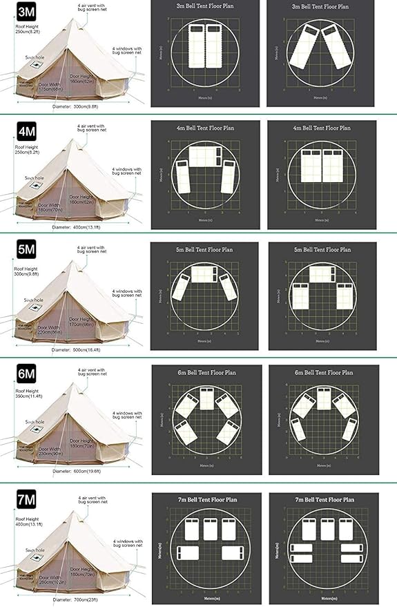 4 Season Waterproof Large Family Camping Cotton Canvas Bell Tent Beige Glamping Tent with Roof Stove Jack Hole and Electric Cable Hole (Diameter: 7M-22.97ft)