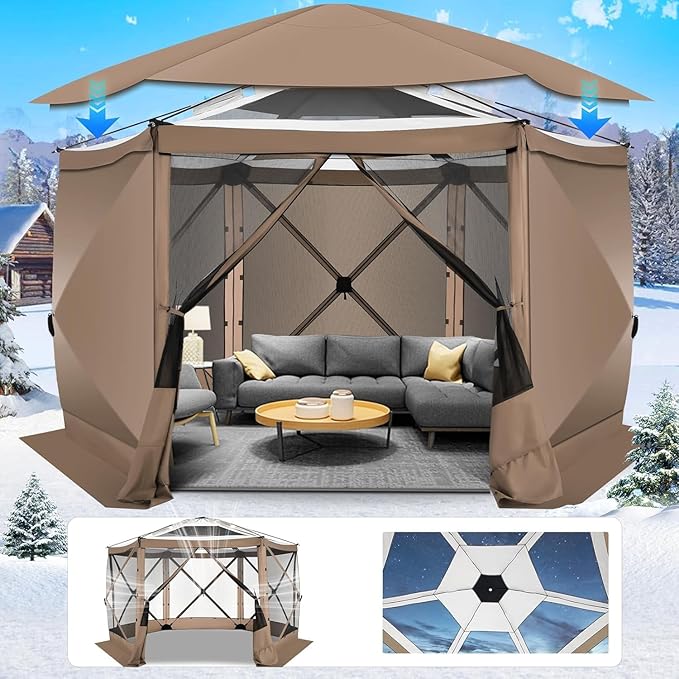 COBIZI 12x12FT Pop Up Gazebo Screen Tent Screen House for Camping, Screen Room with Mosquito Netting, Hub Tent Instant Screened Canopy with Carrying Bag and Ground Stakes,Khaki