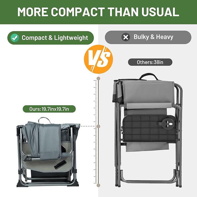 TIMBER RIDGE Aluminum Camping Directors Chair with Side Table Pocket, Portable Folding Chair, Heavy Duty Lawn Chair for Fishing Trip Picnic Concert Outdoor 400lbs, Grey 2 Pack