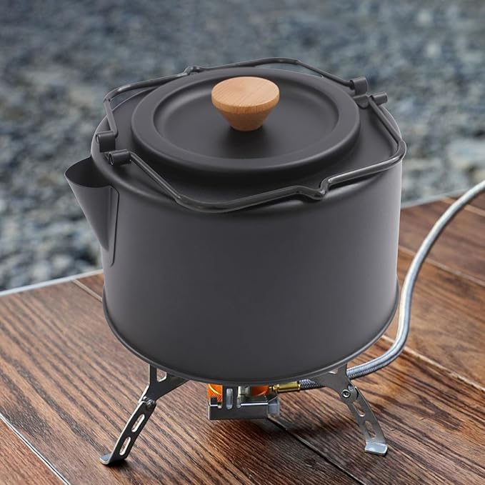 Camping Kettle, Stainless Steel Portable Coffee Tea Pot with Anti-Scald Handles, 35.2oz Capacity for Outdoor Camping Hiking Picnics (Black)