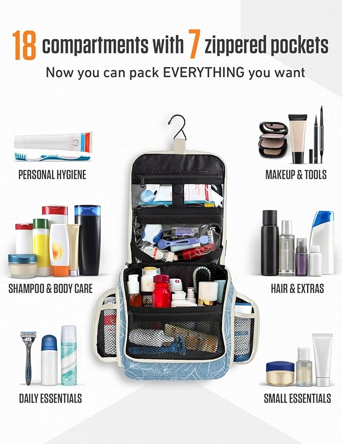 VENTURE 4TH Hanging Travel Toiletry Bag for Women & Men – Large Toiletry Organizer with 17 Compartments, Removable TSA Pouch, Travel Wash Bag for Toiletries, Makeup & Shaving Kit (Blue Flowers)