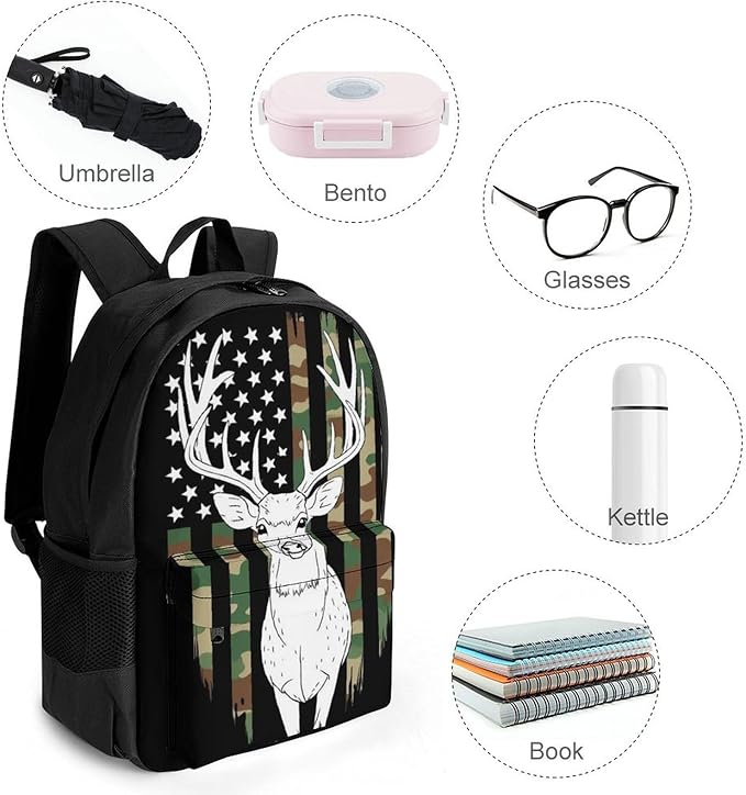 Lightweight Daypack Bookbag for Trekking Business Walking Cycling, Big Capacity Anti-Theft Multipurpose Carry On Bag, Camouflage American Flag Hunting Deer Camo Black Business Computer Bag