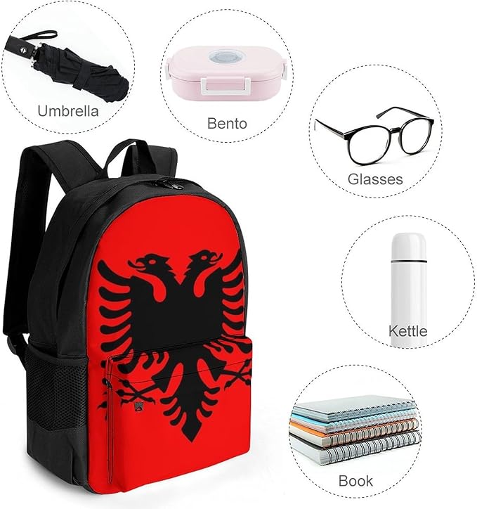 Women Men Polyester Albania Flag Casual Daypack Large Capacity Bookbag With Side Pockets for Sports Picnic Walking Cycling