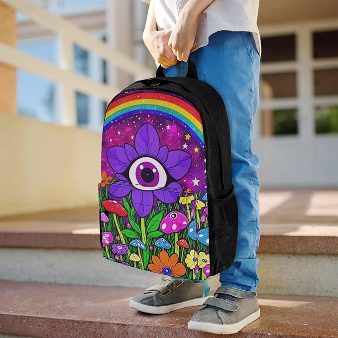 Supdreamc Shoulder Book Bags Anti-Theft Multipurpose Big Capacity Bookbag, Trippy Psychedelic Magic Eye Flower Art Travel Hiking Backpack With Smooth Zippers