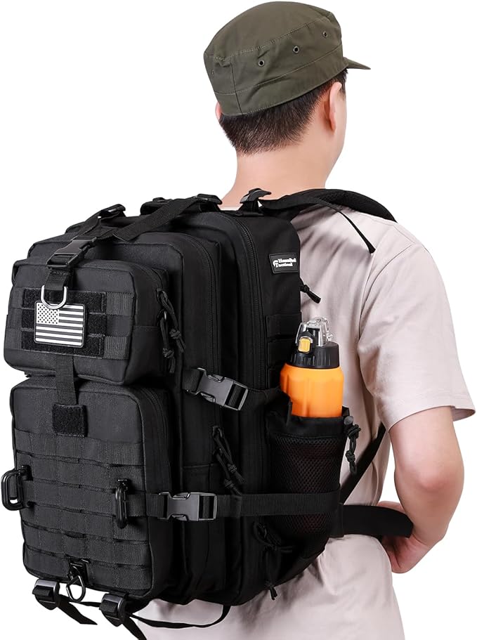 45L MOLLE Assault Backpack, Tactical Backpack Military Army Camping Rucksack with Bottle Holder, 3-Day Pack Trip w/USA Flag Patch, D-Rings, Black with Grey Patch