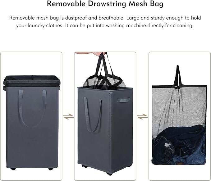 DOKEHOM 90L X-Large Laundry Basket with Removable Wash Bag on Wheels, Collapsible Rolling Laundry Hamper, Foldable Clothes Organizer, Folding Washing Bin (Grey)