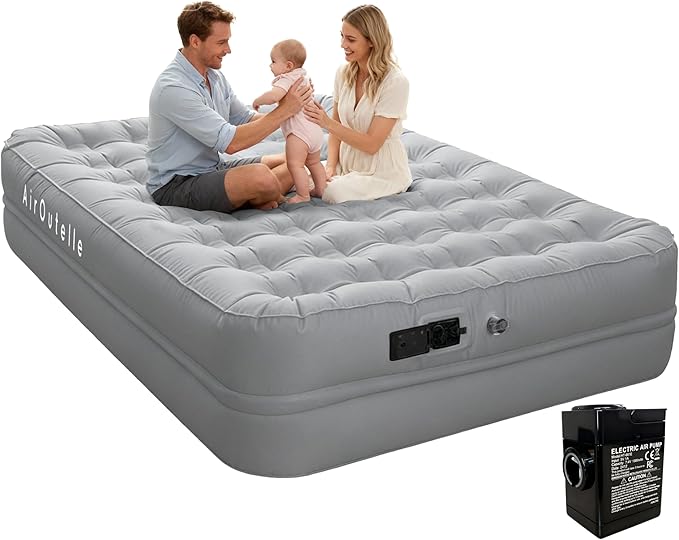 Queen Air Mattress with Built-in Pump - 3 Min Fast Inflation, 18" Portable Foldable Air Bed, 650lbs Capacity w/Rechargeable Battery, Plush Pongee Fabric for Camping & Guest Room (Gray)