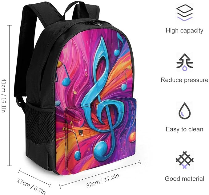 Supdreamc Women Men Polyester Abstract Music Notes Art Casual Daypack Large Capacity Bookbag With Side Pockets for Sports Picnic Walking Cycling