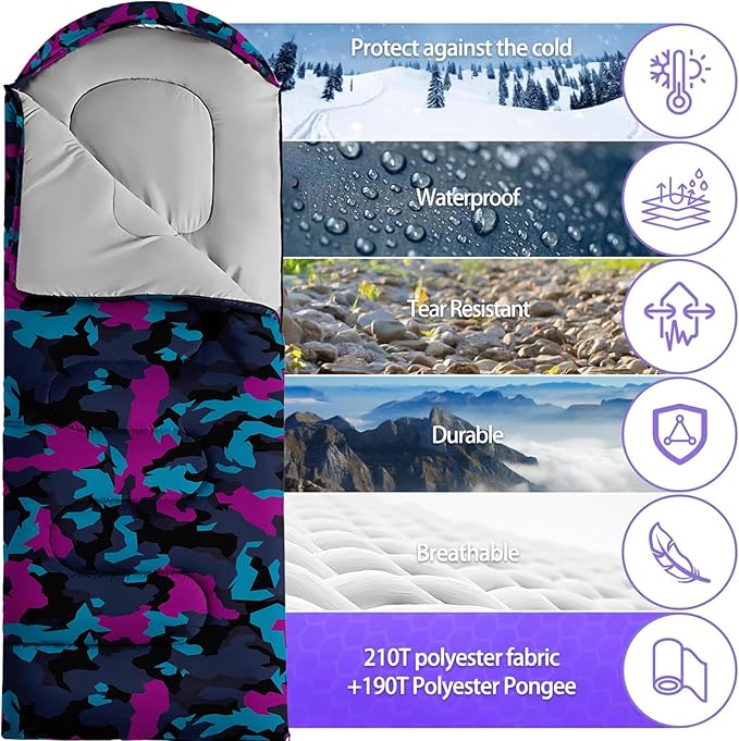 Sleeping Bags for Adults and Kids Backpacking Camping Sleeping Bags for Girls and Boys Lightweight Waterproof Cold/Warm Sleeping Bag for All Season