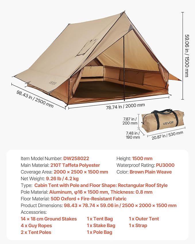 VEVOR Hot Tent, Camping Tipi Hot Tents with Stove Jack, Portable Winter Camping Tents with Snow Skirt, Easy Setup, Waterproof 4 Season Shelter Tents for Fishing Backpacking