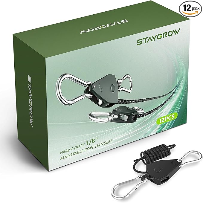 12-Pack 1/8” Adjustable Rope Hanger, Heavy Duty Ratchet Tie Down Strap with Reinforced Metal Gear, Ratcheting Pulley System Bungee Cord for Hanging Plants Grow Light and Various Tie-Down Uses