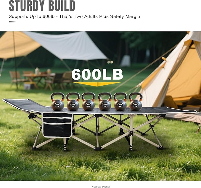 YELLOW JACKET Camping Cot with Mattress for Adults, Folding Sleeping Cot 600lbs Max Load, Portable Camping Cot with Carry Bag, 28" Wide Cot for Camping, Home,Office,Travel (Black)