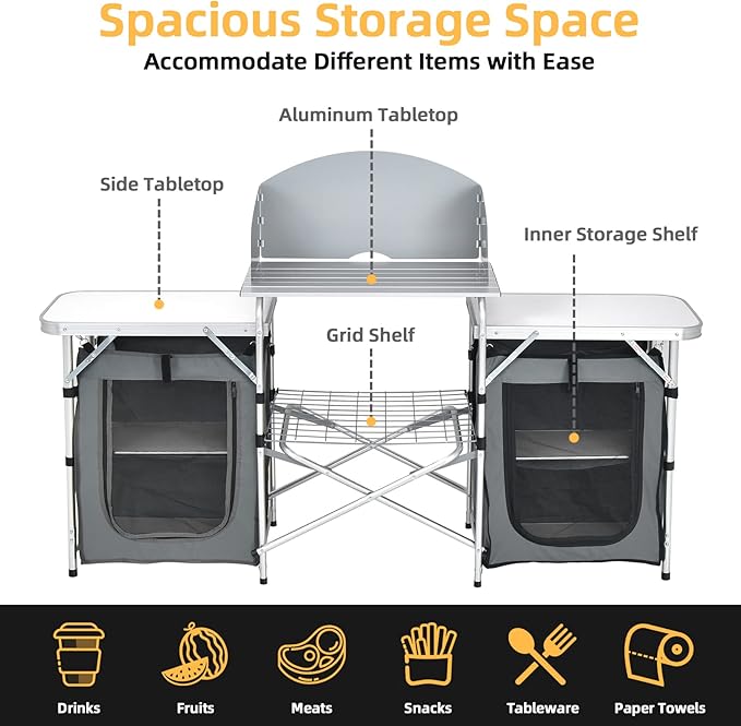 Giantex Camping Kitchen Station, Folding Grill Table with 26'' Tabletop, 2 Side Tables, Storage Organizer, Detachable Windscreen, Portable Camp Cook Outdoor Prep Station Backyard BBQ Picnic (Grey)