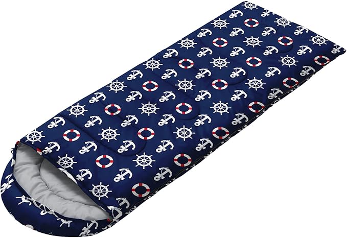 AILONEN Boys Sleeping Bag for Camping,Nautical Anchor,Lightweight & Waterproof,3 Season Warm & Cool Weather,Navy Blue Sleeping Bags for Kids Men Travelling,Outdoors