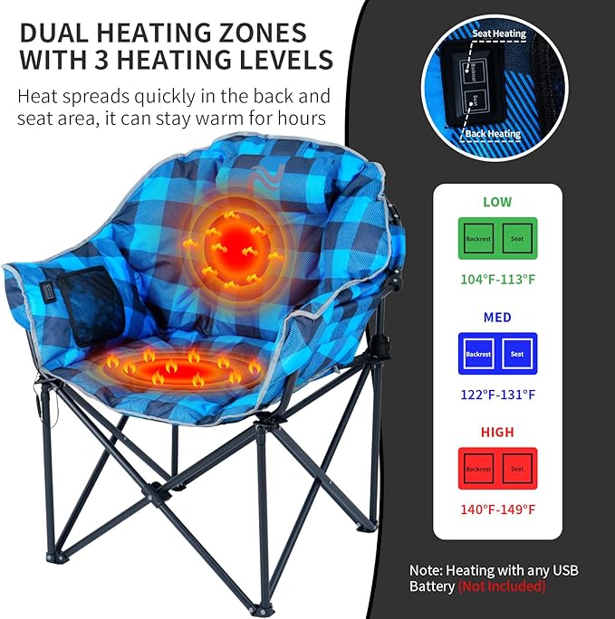 2 Pack Oversized Heated Camping Chair, 3 Heating Levels Portable Folding Camp Chairs with Pillow and Storage Bag, Outdoor Heated Moon Chair for Camping Lawn Patio Beach and Picnics, Blue Grid