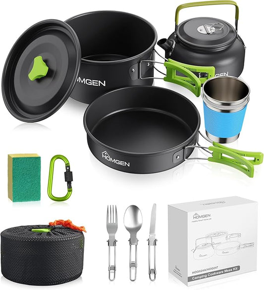 HOMGEN 12-Pieces Ultralight Anodized Aluminum Camping Cookware Set for 2 People - Nesting Pot/Pan with Foldable Handles 800ml Insulated Teapot & Stainless Cups for Camping Hiking
