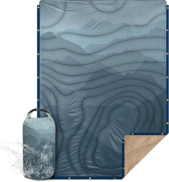 Outdoor Camping Blanket with Sherpa Lining, Extra Warm Thick Camp Blankets and Puffy Ultralight Soft Poncho DWR Camping Quilt for Cold Weather, Adventure, Sleeping, Backpacking 78"x 56"