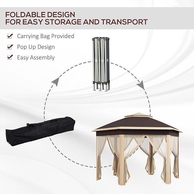 Outsunny 13' x 13' Pop Up Gazebo, Hexagonal Canopy Shelter with 6 Zippered Mesh Netting, Event Tent with Strong Steel Frame for Patio Backyard Garden Wedding Party, Beige