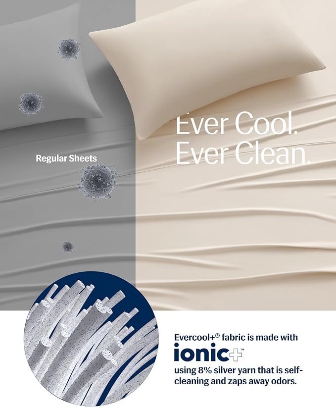REST® Evercool®+ Starter Sheet Set, Queen, Ivory, Breathable Bed Sheets for Hot Sleeper and Night Sweats, with Pillowcases, with Ionic+ Self-Cleaning Silver Yarn for Sensitive Skin, 3PCS No Flat Sheet