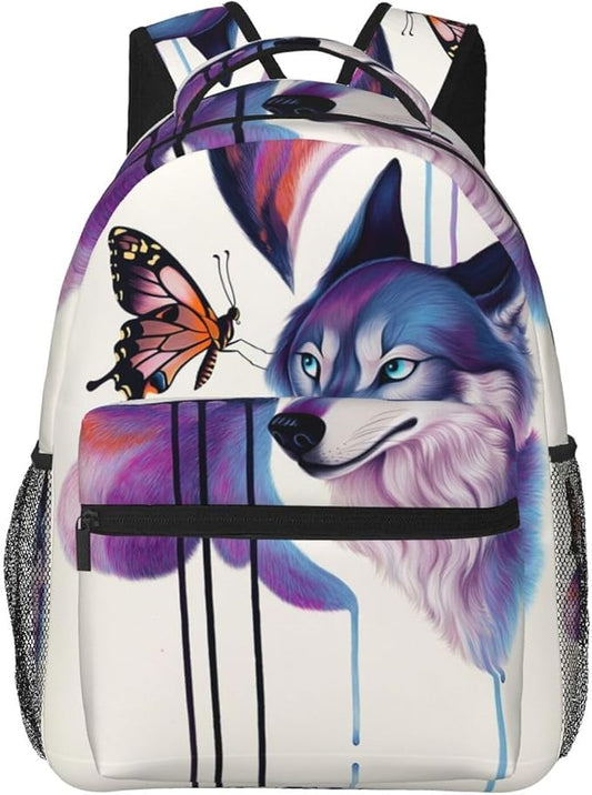 Rucksacks Multipurpose Anti-Theft Big Capacity Bookbag, Colorful Wolves And Butterflies Art Travel Hiking Camping Rucksack With Padded Straps