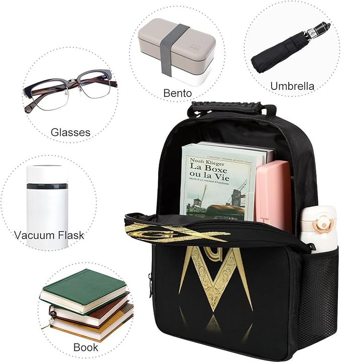 Men Women Polyester Gold Freemason Freemasonry Masonic Daypack Backpack Large Capacity Carry On Bag With Smooth Zippers for Hiking Picnic Walking Cycling