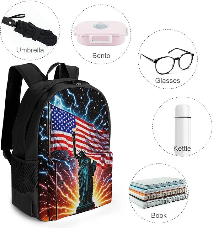 Shoulder Book Bags Anti-Theft Multipurpose Big Capacity Bookbag, American Usa Flag Lightning Statue Of Liberty Travel Hiking Backpack With Smooth Zippers