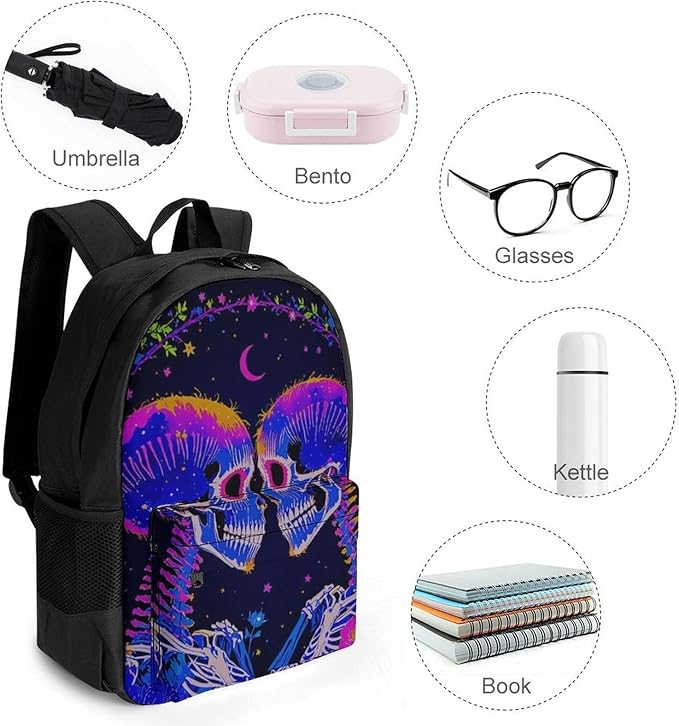 Rucksack Anti-Theft Multipurpose Big Capacity Carry On Bag, Psychedelic Skeleton Love Art Traveling Camping Backpack With Side Pockets