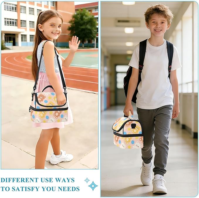Double-layer Insulated Lunch Bag Cute Bear Star Waterproof Bags with Side Tissue Pocket for Beach Travel Car