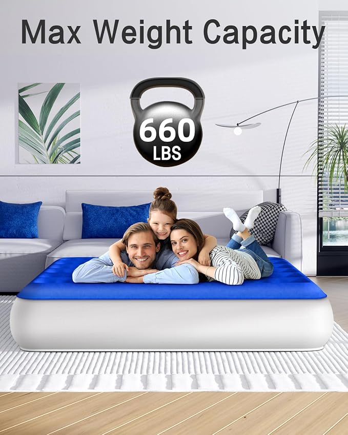 Queen Air Mattress with Built in Pump Luxurious Comfort Raised Inflatable Mattress Queen Airbed Blow Up Mattress for Home and Guests Air Bed 2 Mins Fast Inflate/Deflate 660 lbs Max